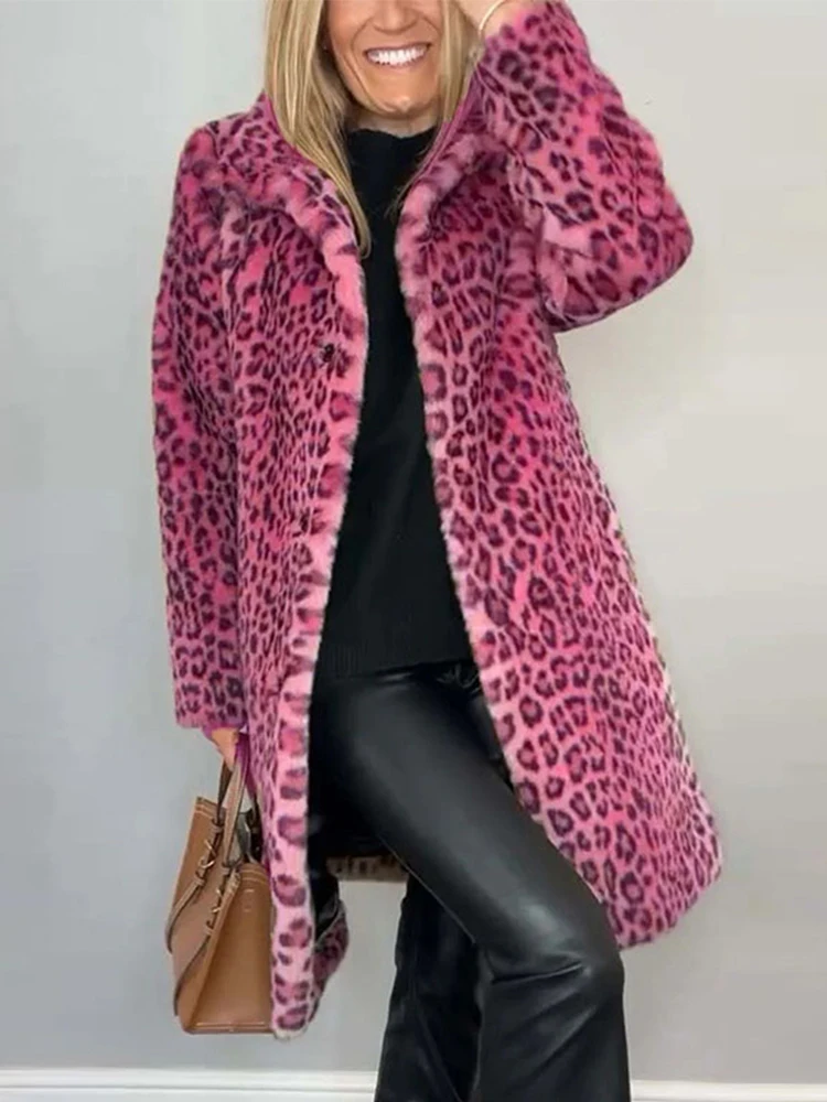 Mujer invierno otoño versátil cálido prendas de vestir diarias de lujo estampado de leopardo abrigos de piel sintética mujeres Retro suelta solapa de felpa abrigos largos