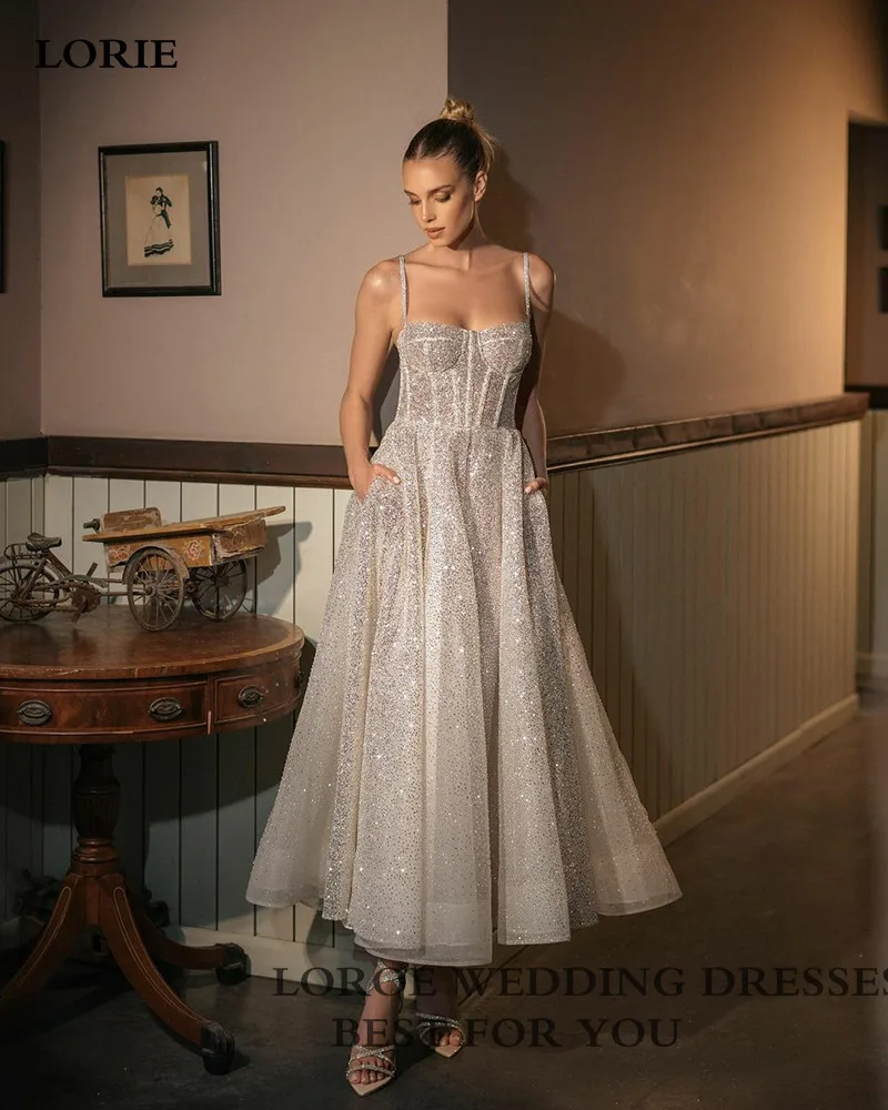 Lorie brilhante querida princesa vestidos de casamento glitter tule sexy cintas de espaguete tornozelo comprimento boho vestidos de noiva personalizado