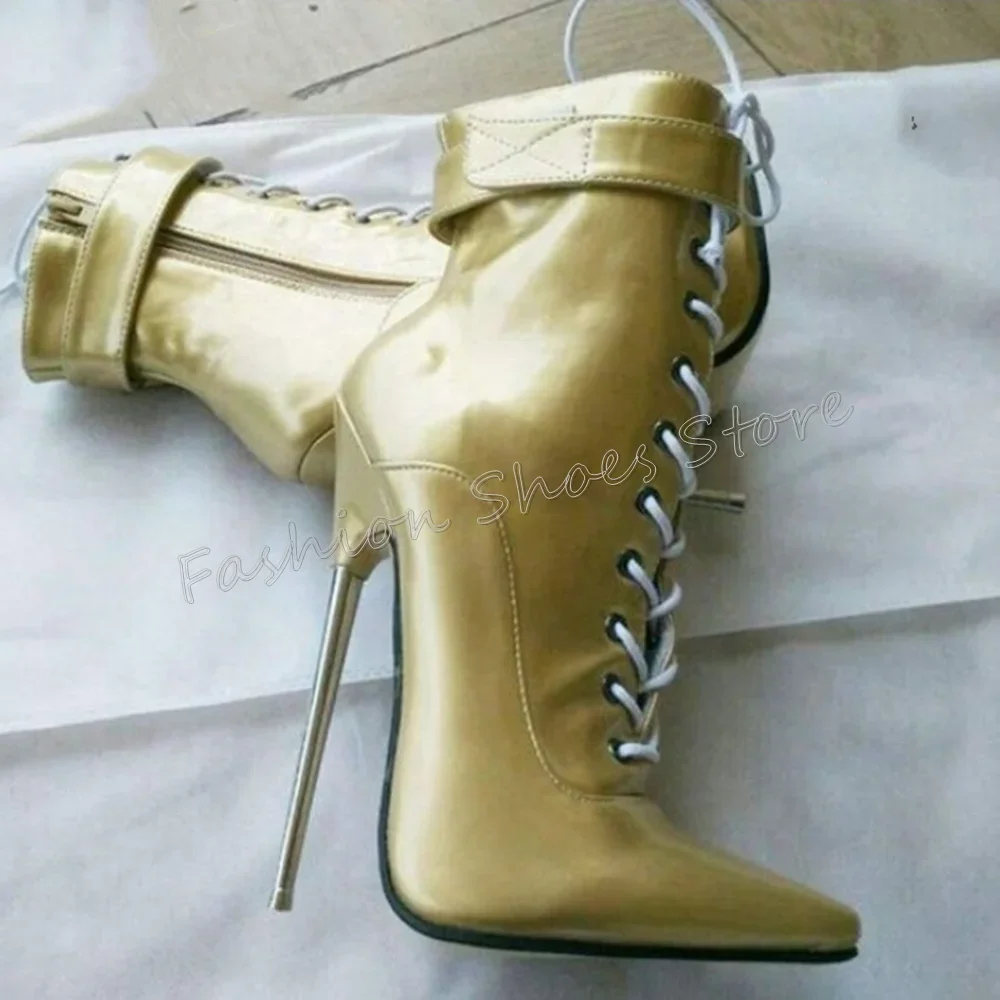 Gouden Zijrits Veterlaarzen Puntschoen Stiletto Hoge Hakken Hoge Hak Schoenen voor Vrouwen Hakken 2023 Nieuwe Zapatos Para Mujere