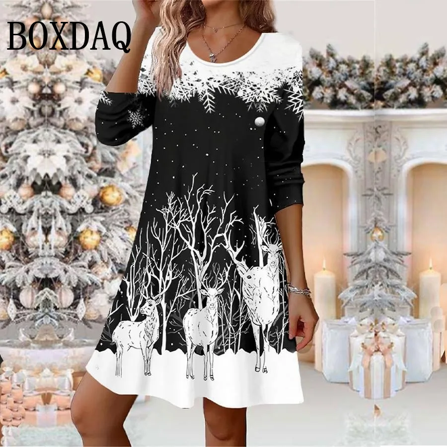 

Christmas Reindeer Party Dresses For Women 2025 Autumn Winter Long Sleeve A-Line Dress Casual Cute 3D Print Loose Female Clothes