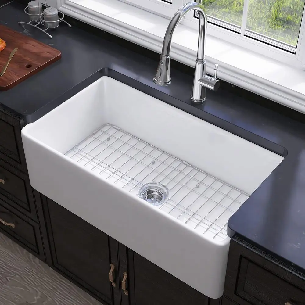 

Sink 33 Inch - Apron Front Kitchen Sink Reversible 33x18x10, Undermount Installation, Style Single Bowl, Solid Ireclay, Glossy W