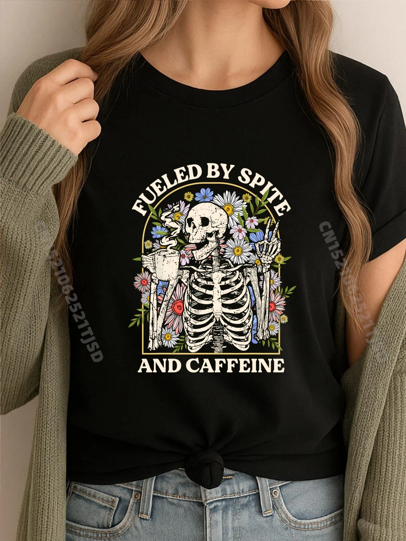 

Fueled By Spite And Caffeine Skeleton Halloween Coffee Cotton Graphic Tees Oversize Man Illustration