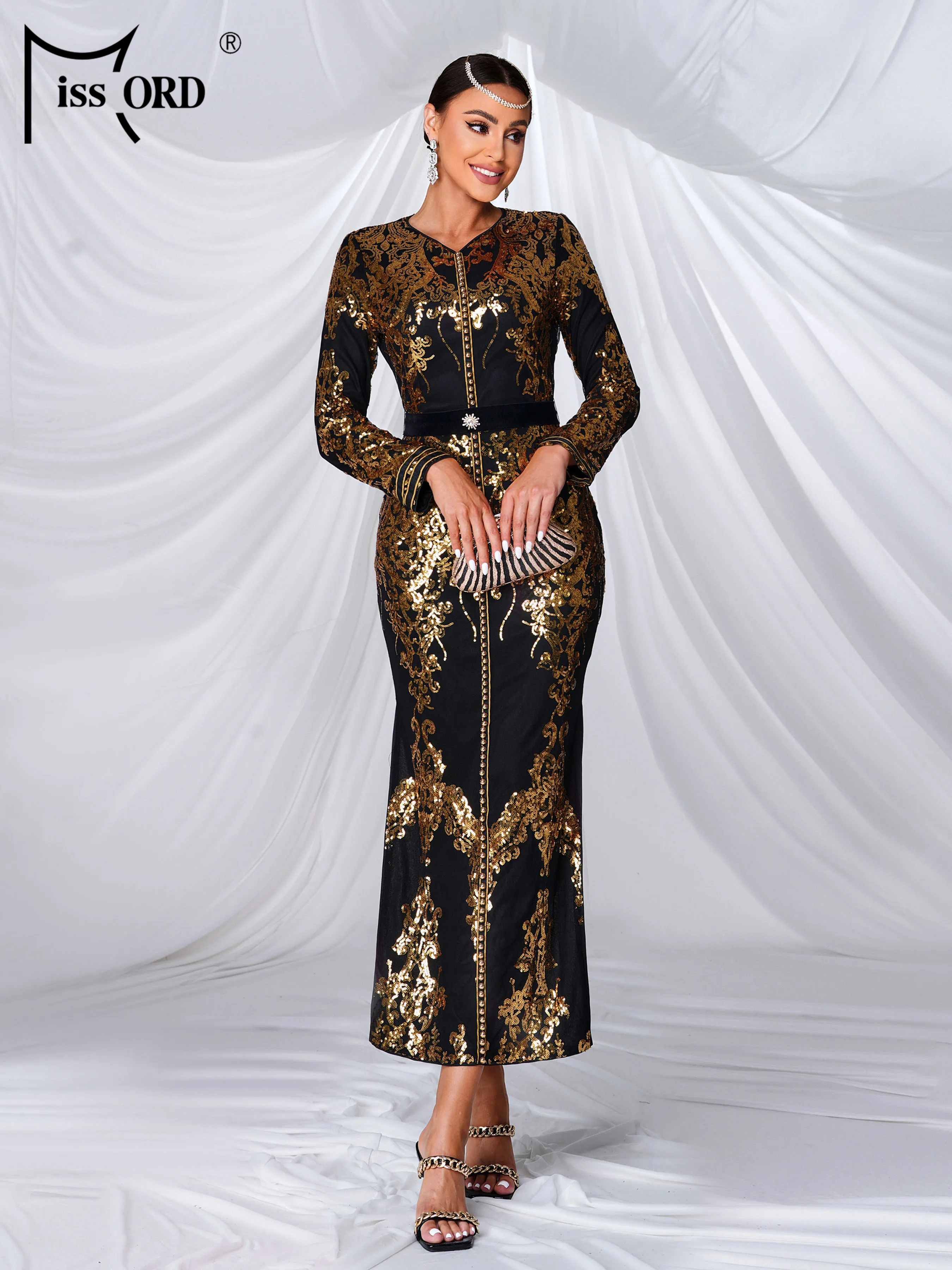 Missord New Church Dress Long Sleeved Sequin Elegant Evening Gown Wedding Birthday Party Beautiful Formal Occasion Dresses