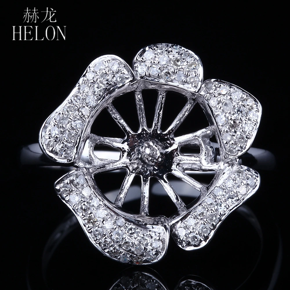 HELON Solid 14K White Gold Pave Natural Diamonds Fine Jewelry Semi Mount Engagement Wedding Ring Fit 9.5-11.2mm Round Pearl