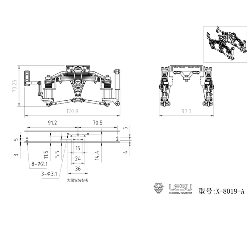 LESU Metalowe podniesione tylne zawieszenie 9MM do osi różnicowej 1/14 RC Ciągnik siodłowy Wywrotka Model Zabawki Części zamienne TH18266