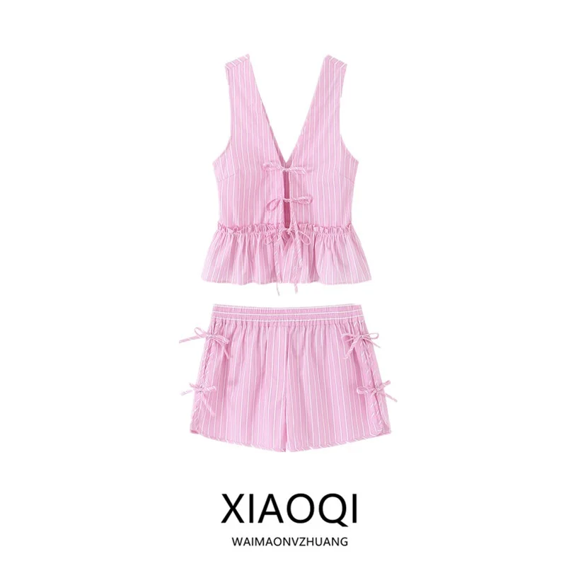 

Summer New Women's Faion Knot Stripe V-Ne Svel Top ort Sve Two-Piece Set Casual Comfortable Clothing