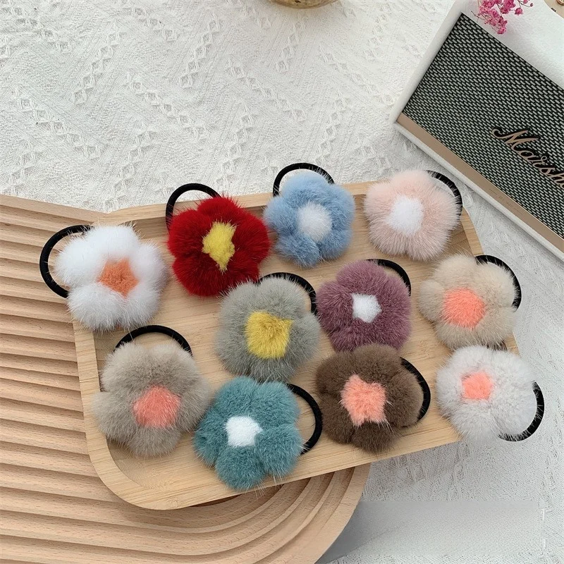 Flower Shaped Mink Fur Pompom Hair Ring Fashion Simple Elastic Hair Rubber Bands Cute Plush Hair Rope Soft Warm Furry Head Rope