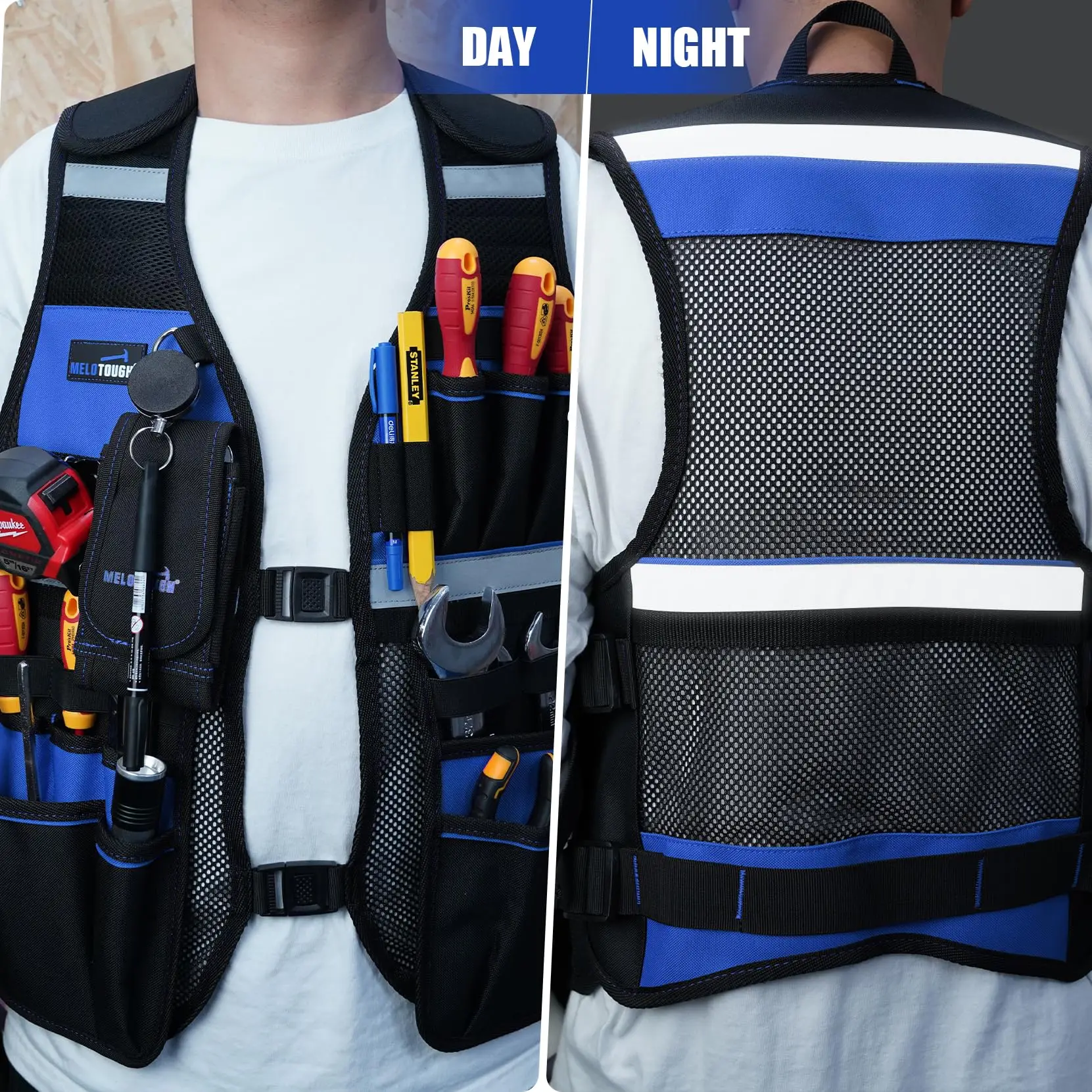 MELOTOUGH Tool Vest Reflective Safety Tool Vest with Removable Phone Holder for Electrician,Carpenter,Construction