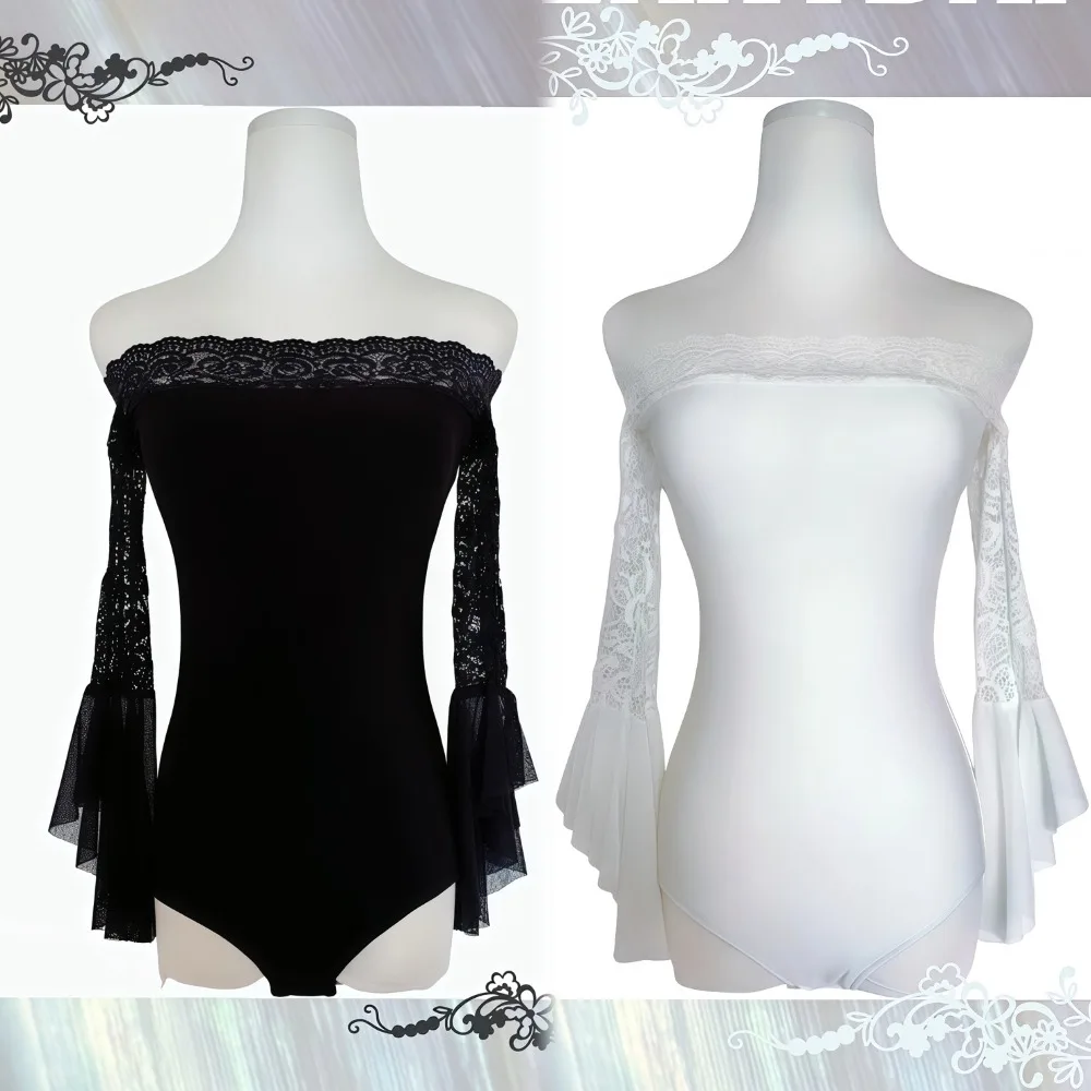 Customized Balloom Modern Dance Dress Practice Dresses Performance Costumes Black and White Lace One Shoulder Trumpet Sleeve Top