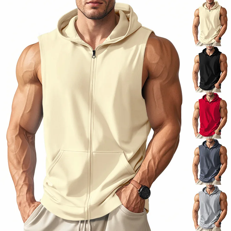 

Summer men's hooded zip-up casual fitness sports vest, fashionable zip-up sleeveless cardigan T-shirt top for men, running vest.