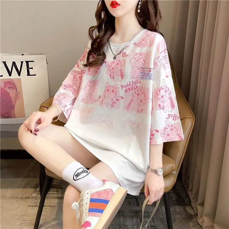 Women Summer Korean Fashion Loose Printing O-neck Short Sleeve T-Shirt Women Clothes Casual All-match Appear Thin Cartoon Tops