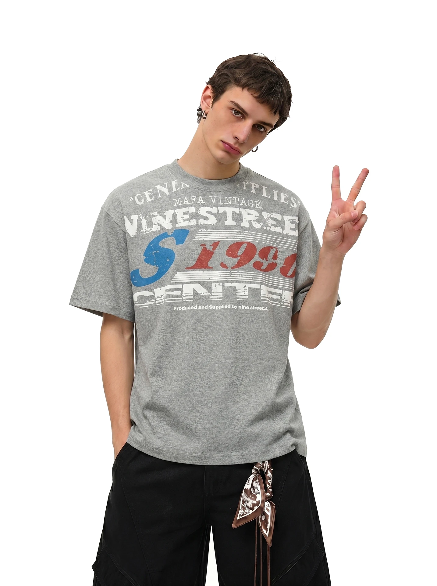 

BETEBULE American Retro Print round Neck Short Sleeve T-Shirt Men Summer High Street Trend Loose Top Breathable Comfortable