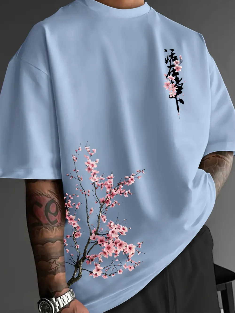 Neues amerikanisches Herren-Sommer-T-Shirt mit Kirschblüten- und Schriftzug-Print, mikroelastisch, atmungsaktiv, Rundhals, für Outdoor und Freizeit. – Detail 12