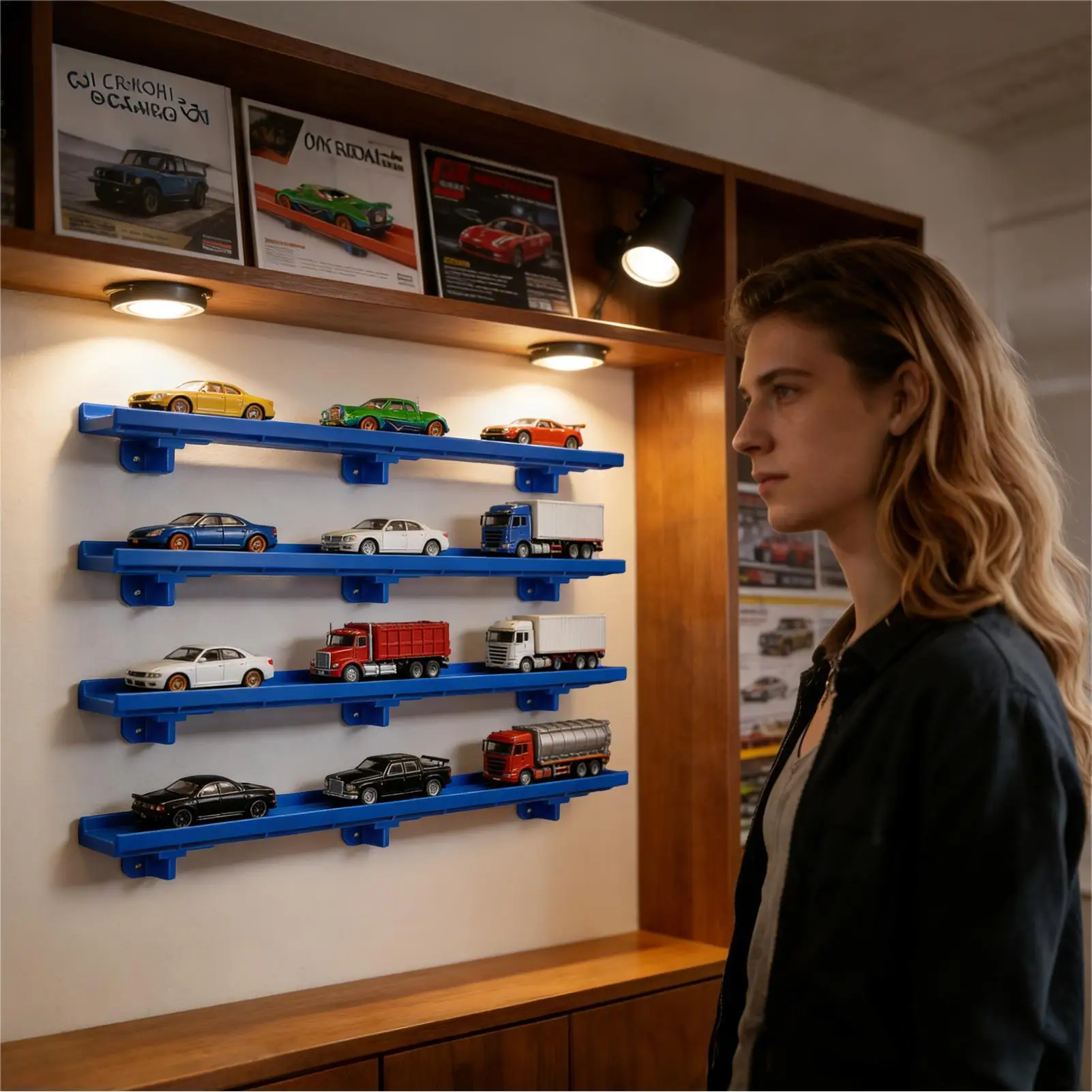 4 Pieces Scale Cars Single Lane Track Wall Mounted Display Holder Hangable Rack for Toy Trucks Automotive Shelf Stand Collection
