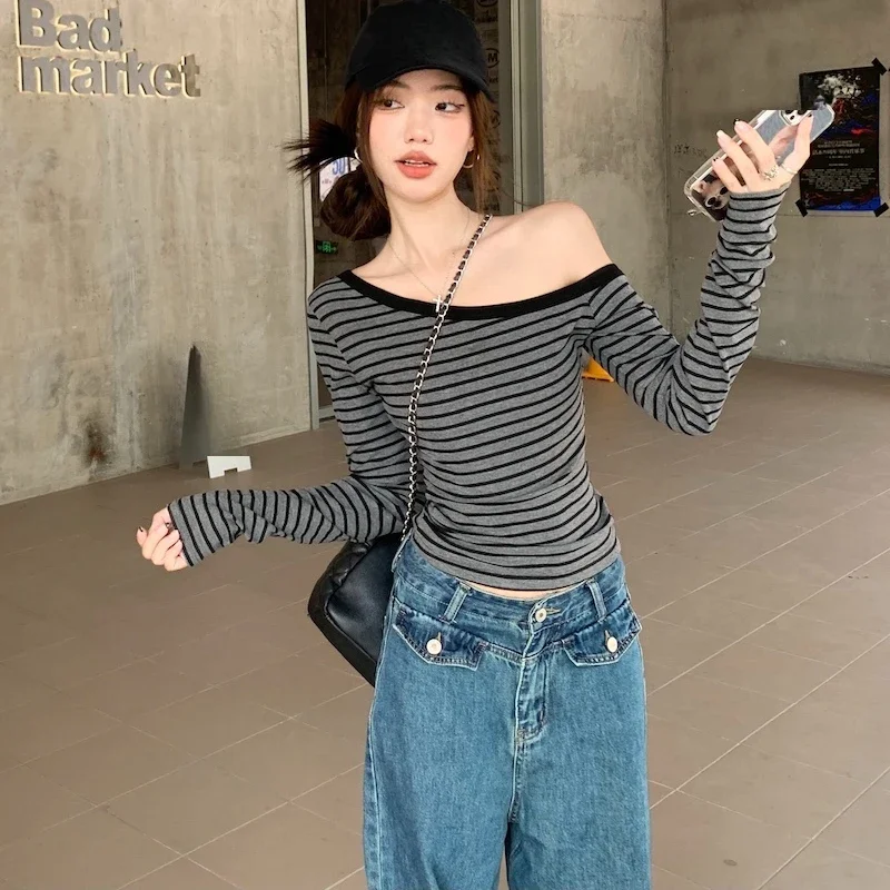 

Harajuku Long Sleeve skew collar stripe Casual slim T Shirt spring Autumn Women sexy Off Shoulder t-shirts crop Tops Streetwear