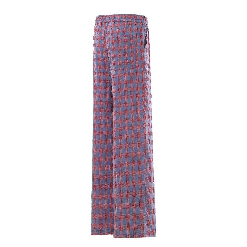 Kreppige, strukturierte, karierte Wide-Leg-Hose in Blau-Rot mit elastischem Bund, Lounge-Hose, Oversize-Vintage-Preppy-Freizeithose – Detail 3
