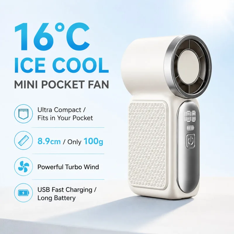 

Mini Handheld Pocket Fan 100 Speed Strong Airflow USB Rechargeable Low Noise Screen Display Cooloing Fan Travel Office Outdoor