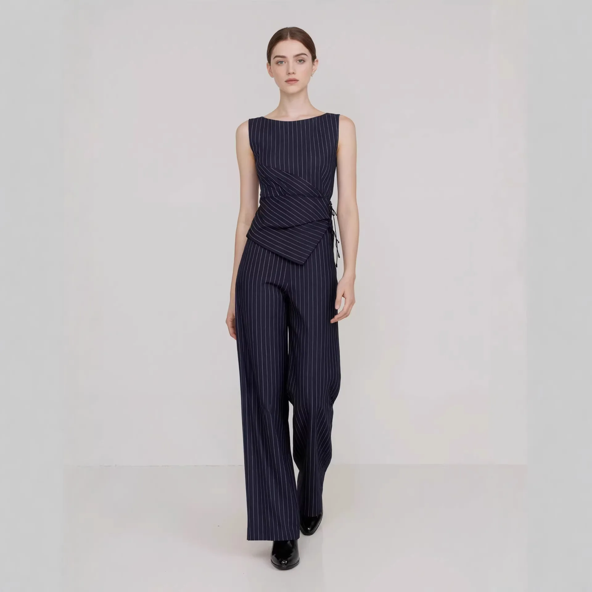 

Professional Women's Suit With Striped Fashion Sleeveless Asymmetrical Top And Straight-leg Trousers Lace Sexy