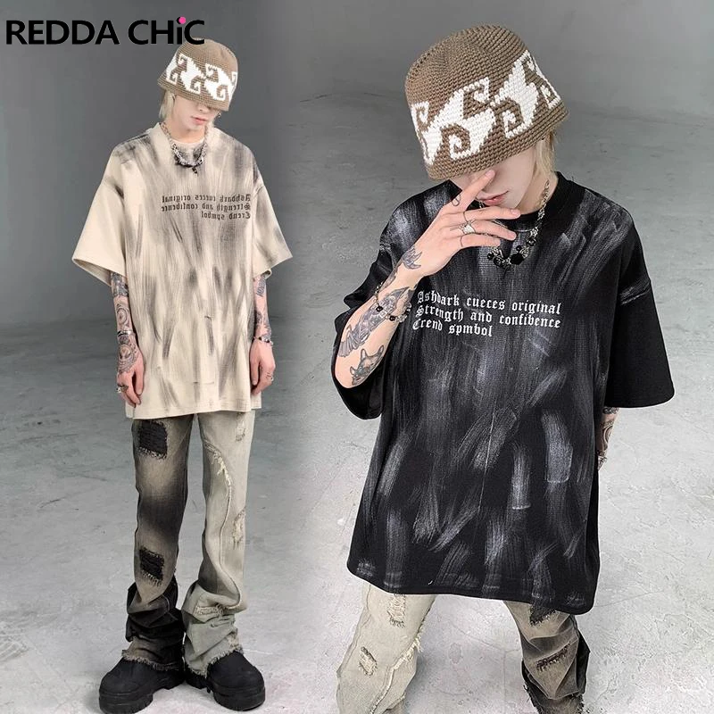 REDDACHIC Dirty Wash Men's Graphic T-shirt Hiphop Graffiti Casual Short Sleeves Oversize Top Summer Tee Retro Grunge Streetwear