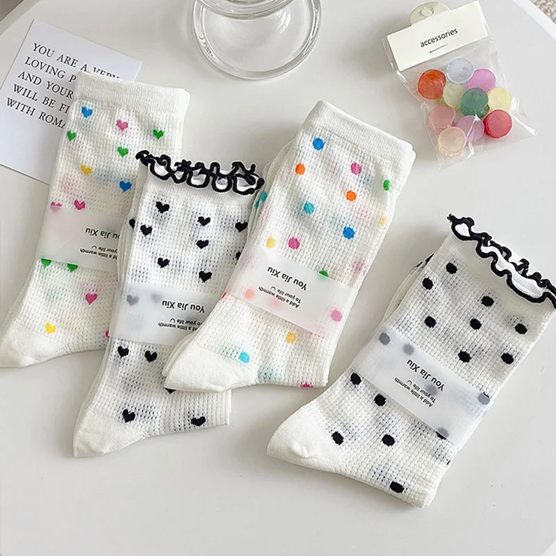 Multicolor Polka Dot Heart Women Socks Thin Hollow Out Meah Breathable Long Socks Japanese Kawaii Cute Sweet Girls Ruffle Socks