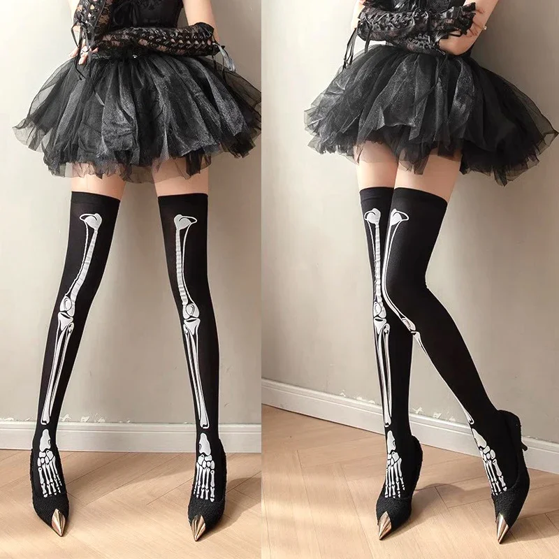 1 Pair Halloween Skeleton Bones Print Socks Y2k Aesthetic Women's Long Socks Casual Slim Gothic Rock Punk Hip Hop Socks Girls
