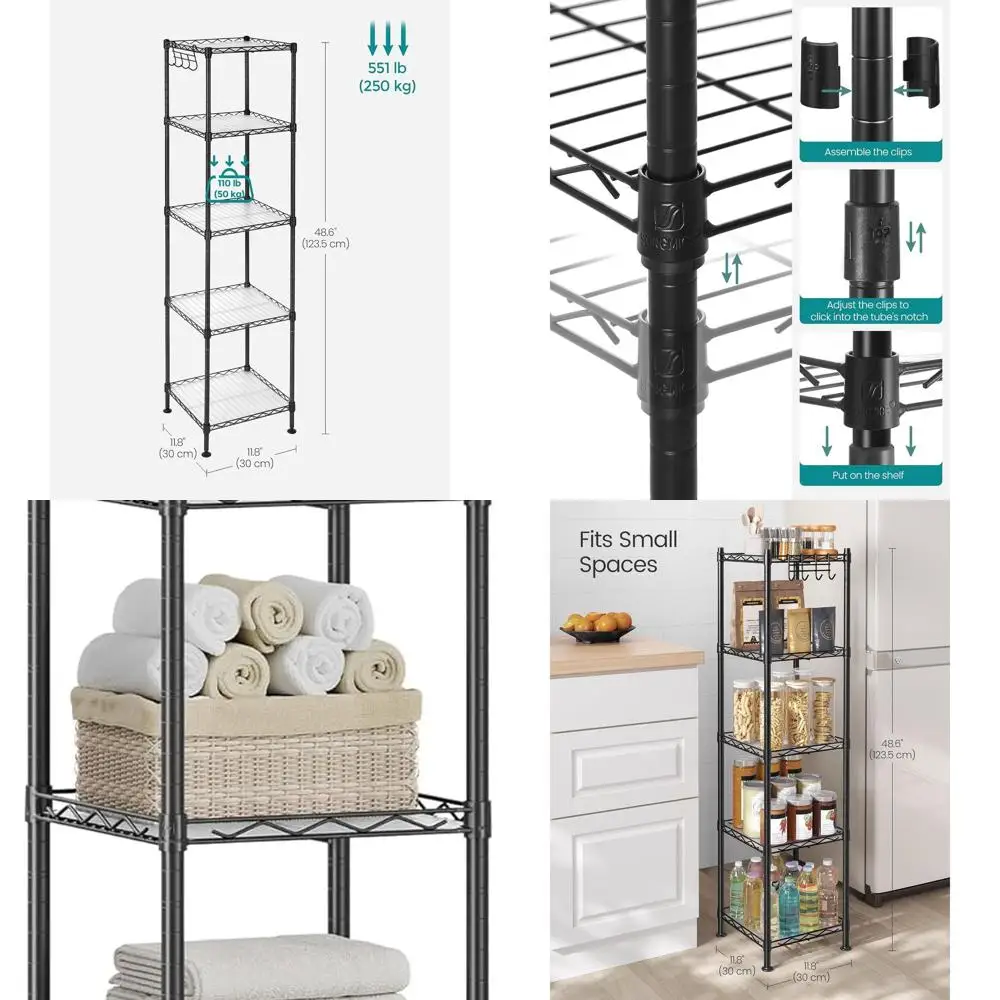 

5-Tier Compact Bathroom Storage Rack with Removable Hooks, Extendable, 5 PP Liners, Ink Black & Translucent