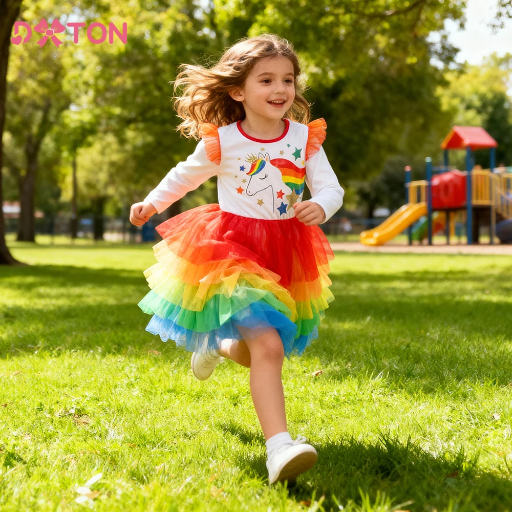 

DXTON Children Unicorn Dress For Girls Rainbow Star Printed Kids Birthday Elegant Costumes Gradient Tulle Princess Tutu Dress
