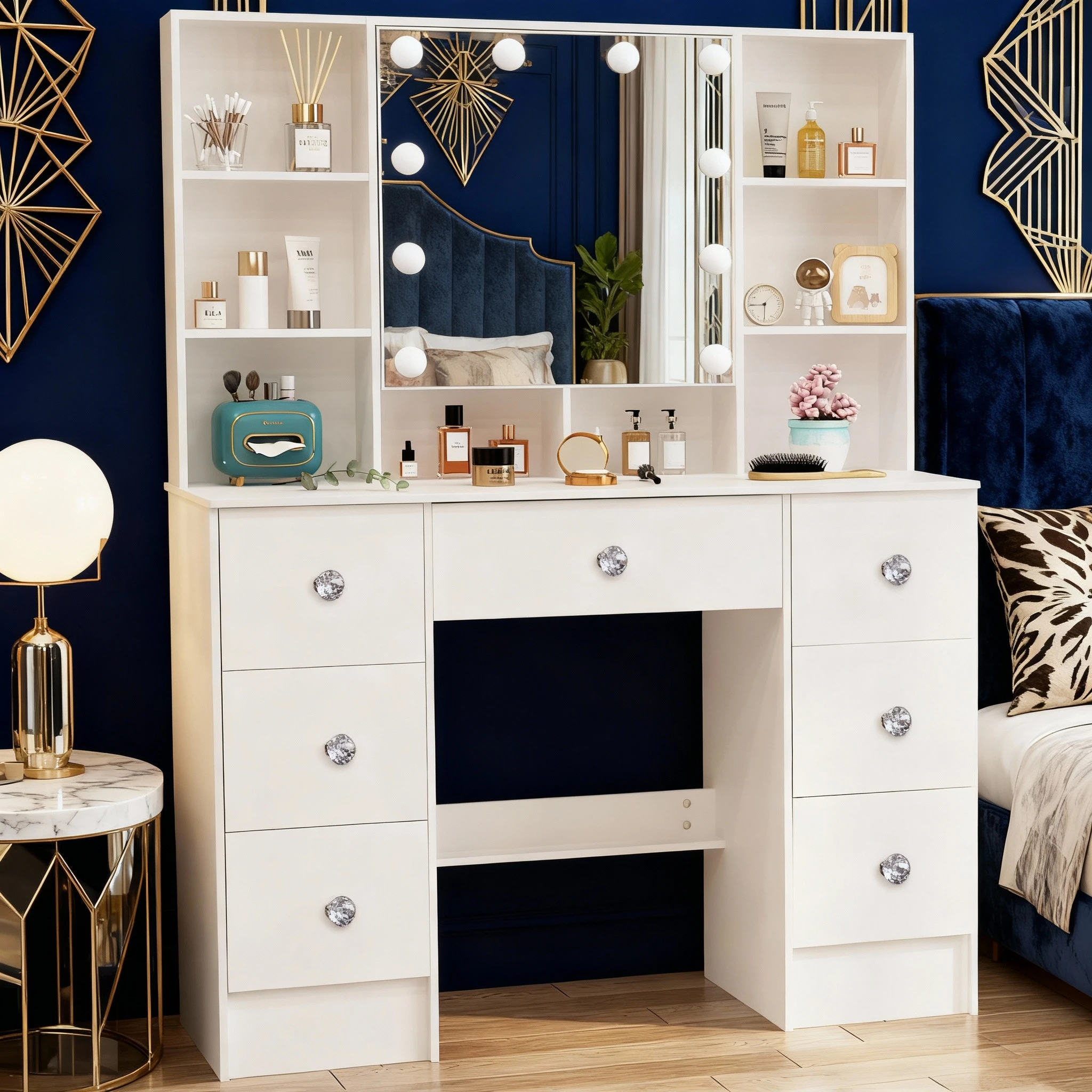 طاولة مكياج بمرآة تزيين LED مع مجموعة وحدة تزيين لغرفة النوم باللون الأبيض مكونة من 7 أدراج #4