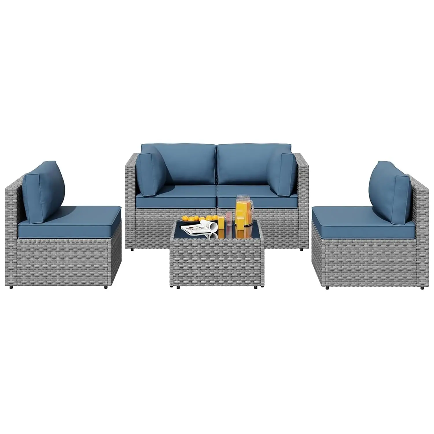 

5pcs Patio Furniture Sets Conversation Set, Low Back All-Weather Rattan Sectional Sofa With Tea Table&Washable, Customized