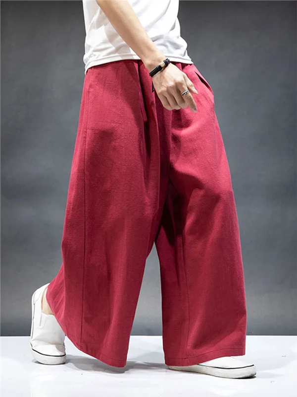Wide Leg Cotton Linen Trousers Men's Extra Wide Pant Leg Linen Skirt Pants Layman's Meditation Casual Long Straight Tube Pants