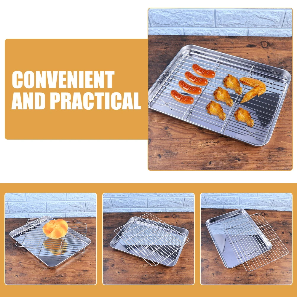 

1 set Stainless Steel Baking Sheet Set Drain Tray Grill Rack Oil Drip Pan Kit Heavy Duty Oven Cookware Home Kitchen Use