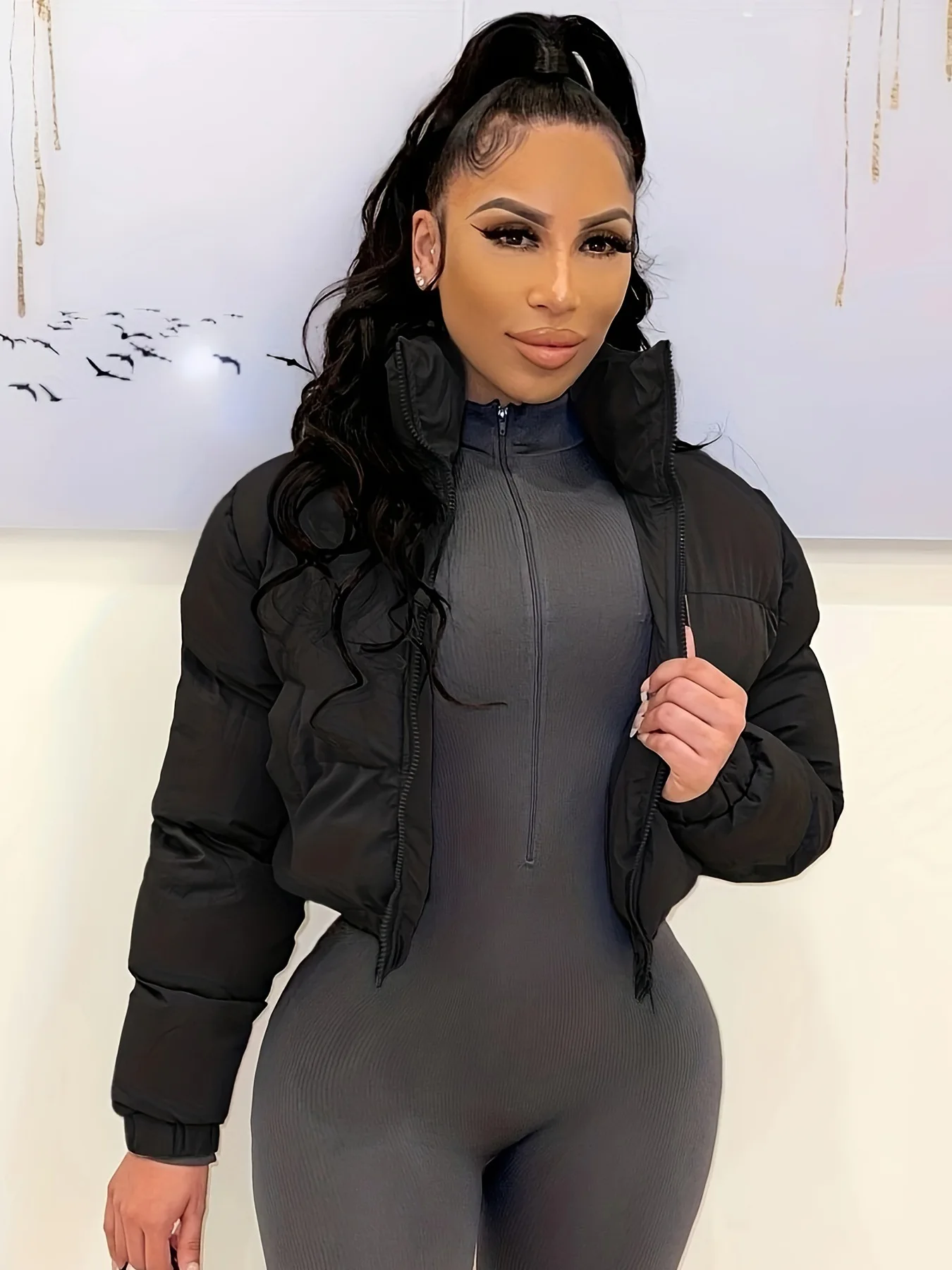 Women Short Parkas Coats Hooded Overcoats Solid Zipper Stand Collar Long Sleeve Slim Thick Office Lady Casual 2025 Autumn Winter