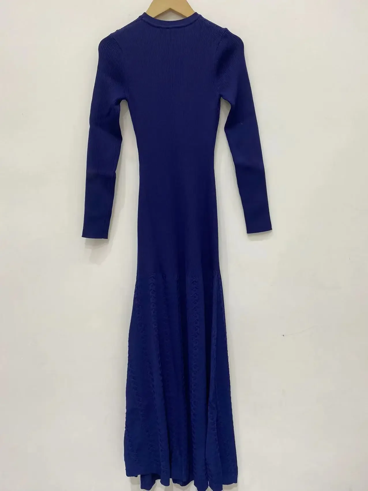 Dark Blue Women Diagonal Buckle Mid-Length Dress 2024 New Long Sleeve Thread Slit Hem Slim Long Robe