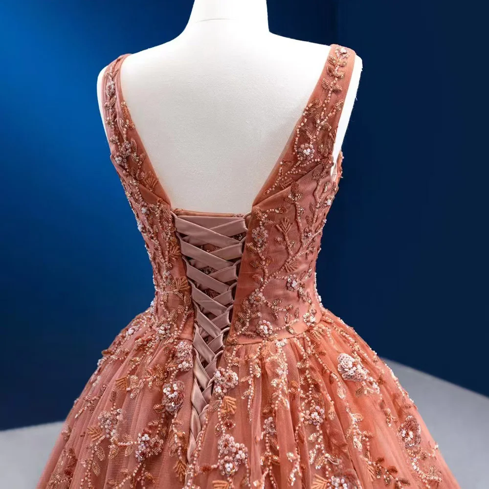 Elegant Sleeveless V-Neck Evening Dress With Lace-Up Back And Sequined Embroidery Customizable 2026