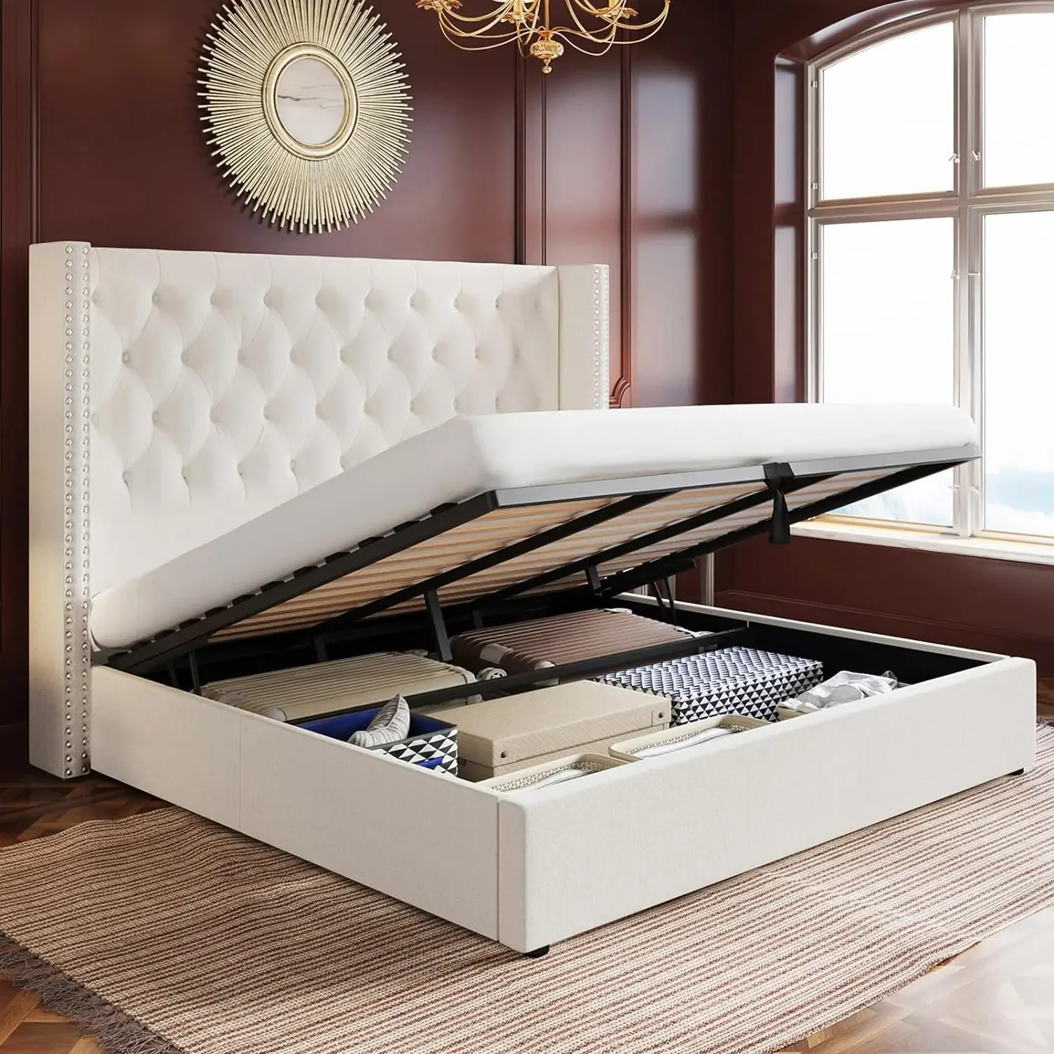 

Lift Up Storage Bed King Size Upholstered Platform Bed Frame Button Tufted Headboard Hydraulic Lifting Storage Underneath