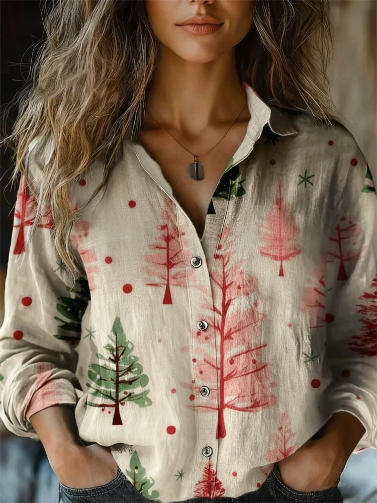 

Рождественский стиль 2025, женская дышащая рубашка с длинными рукавами и воротником, свободная посадка, женский топ больших размеров для рождественской вечеринки