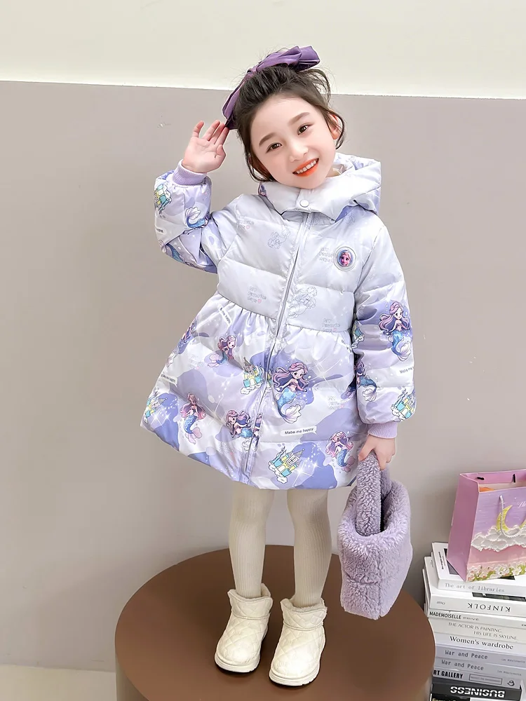 Meninas sereia para baixo jaet roupas de inverno das crianças 2025 novo doce dos desenhos animados thiened comprimento médio brilhante outerwear