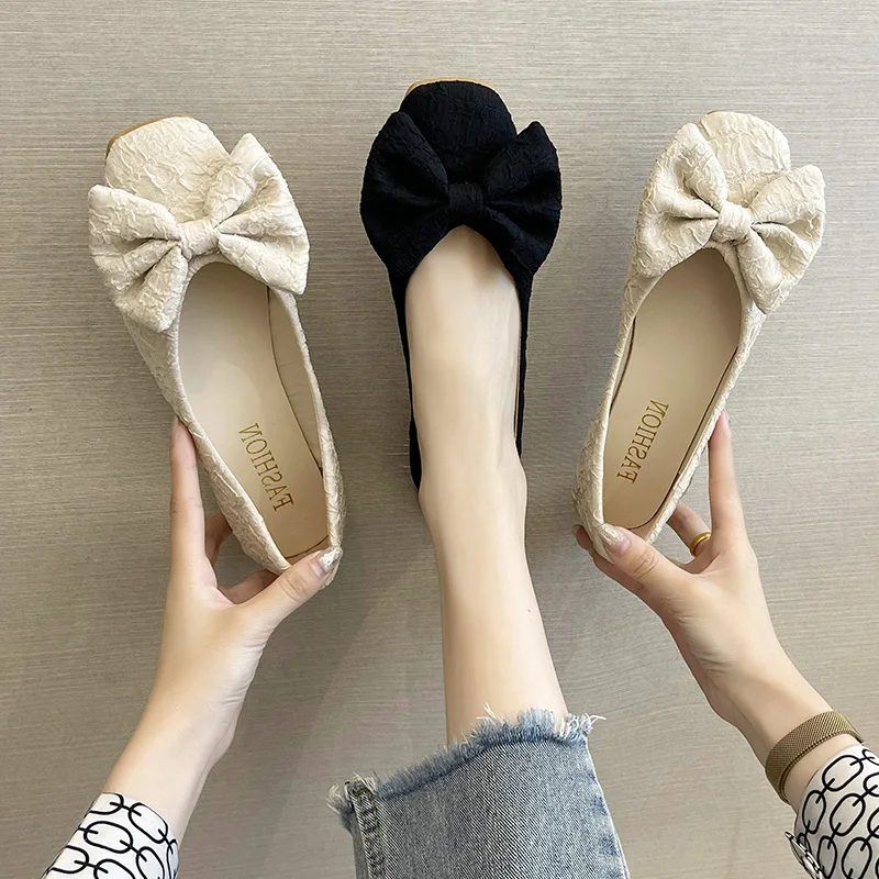 Women's Flat Bottom Bean Shoes Spring Autumn Soft Sole Low Cut Versatile Fairy Style Casual Flats Korean Style Slip-On