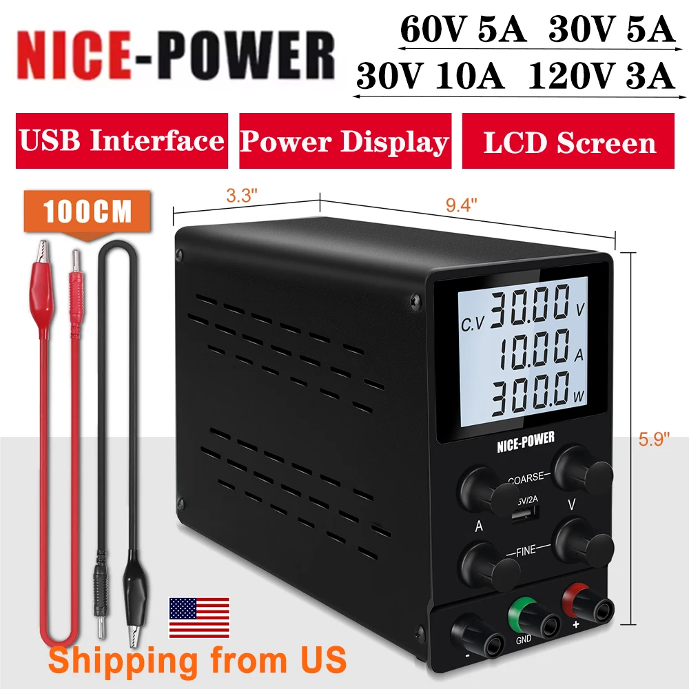 DC Power Supply Digital LCD Display Adjustable Switching Source 30V/10A 60V/5A 120V/3A Laboratory Power Supply USB Interface