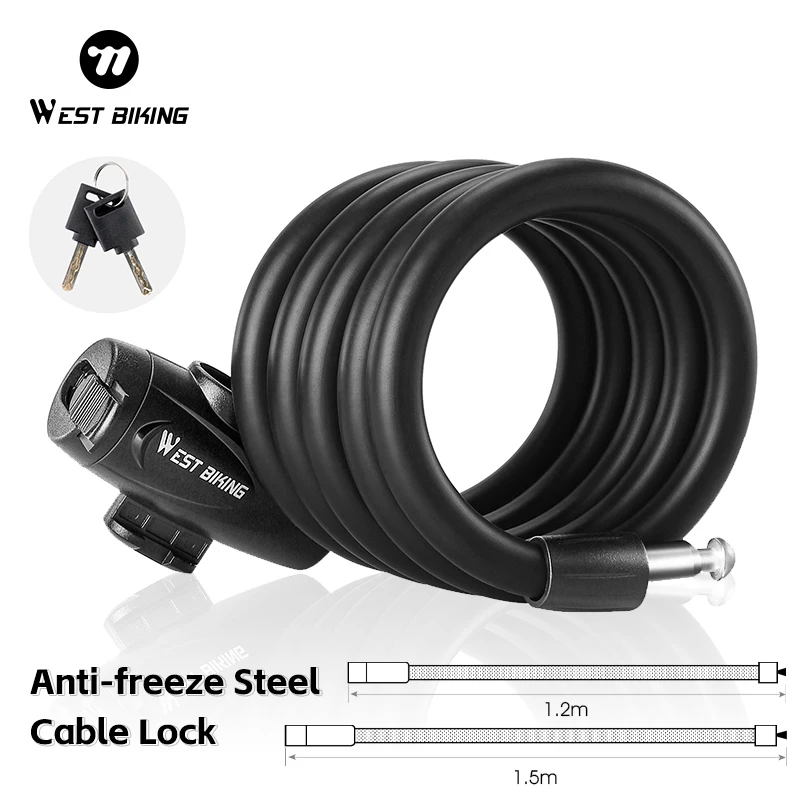 WEST BIKING 1.2M/1.5M Anti-thef Bicycle Steel Cable Lock Security MTB Road Bike Motorcycle Bike Scooter Universl Lock With Keys