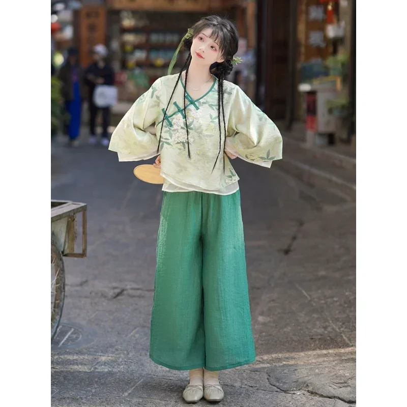 

Summer Elegant Green Floral Print Top Green Pants Chinese Style Tang Suit Women's Clothing Casual Loose Suit China Online Store