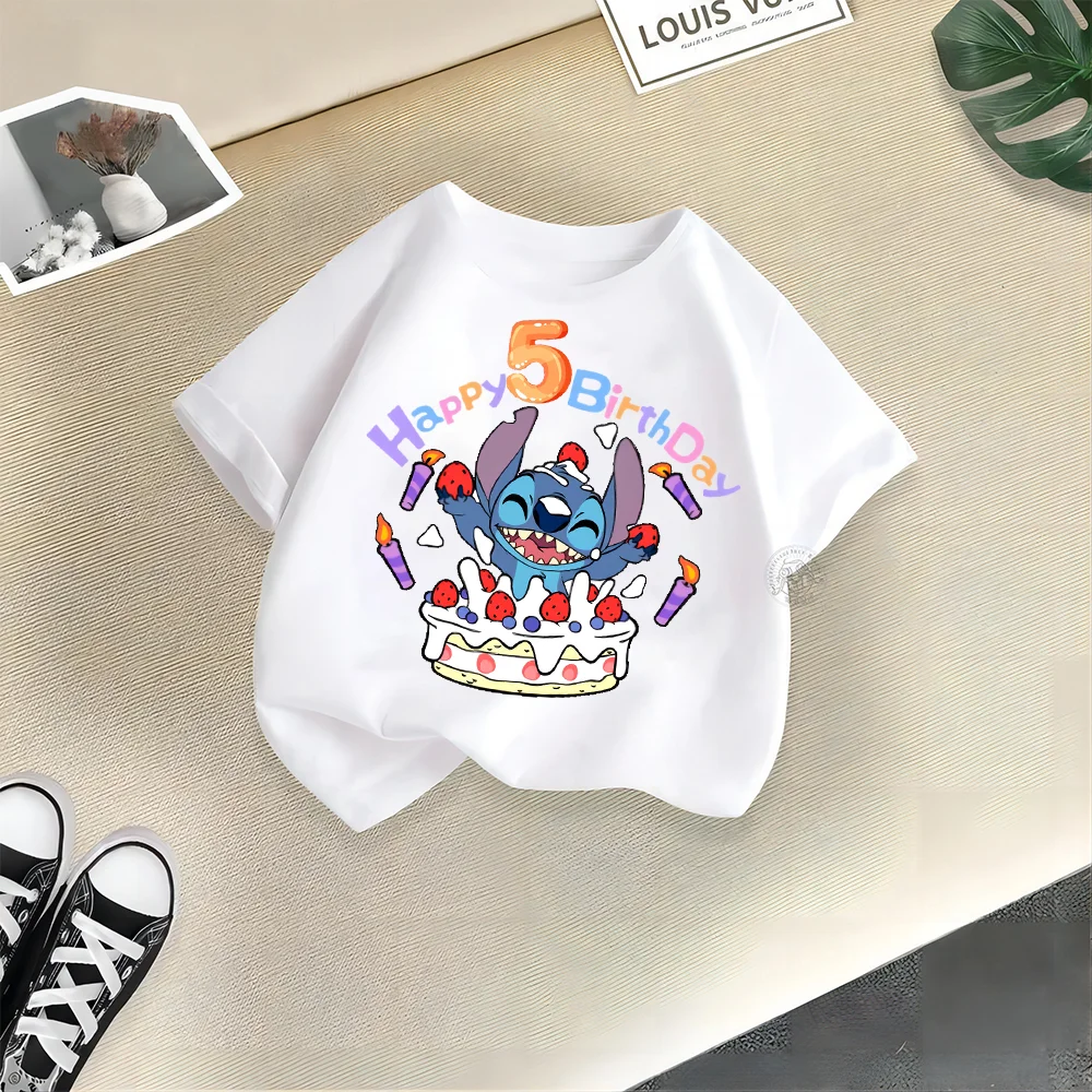 Disney Kids Fashion Crewneck Cotton Stitch Birthday T-shirt Boys Girls Toddler Casual Top Short Sleeve Boys T-shirt Summer