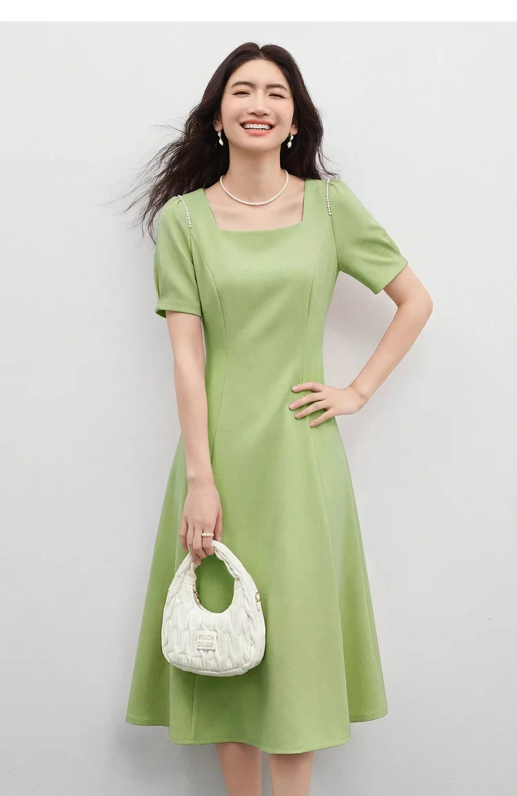 SENTUBILA Damen Einfaches A-Linien-Kleid 2026 Sommer Büro Elegantes Kleid mit Quadratischem Ausschnitt und Perlenketten-Detail Kurzarm Q62LI6575X – Detail 26