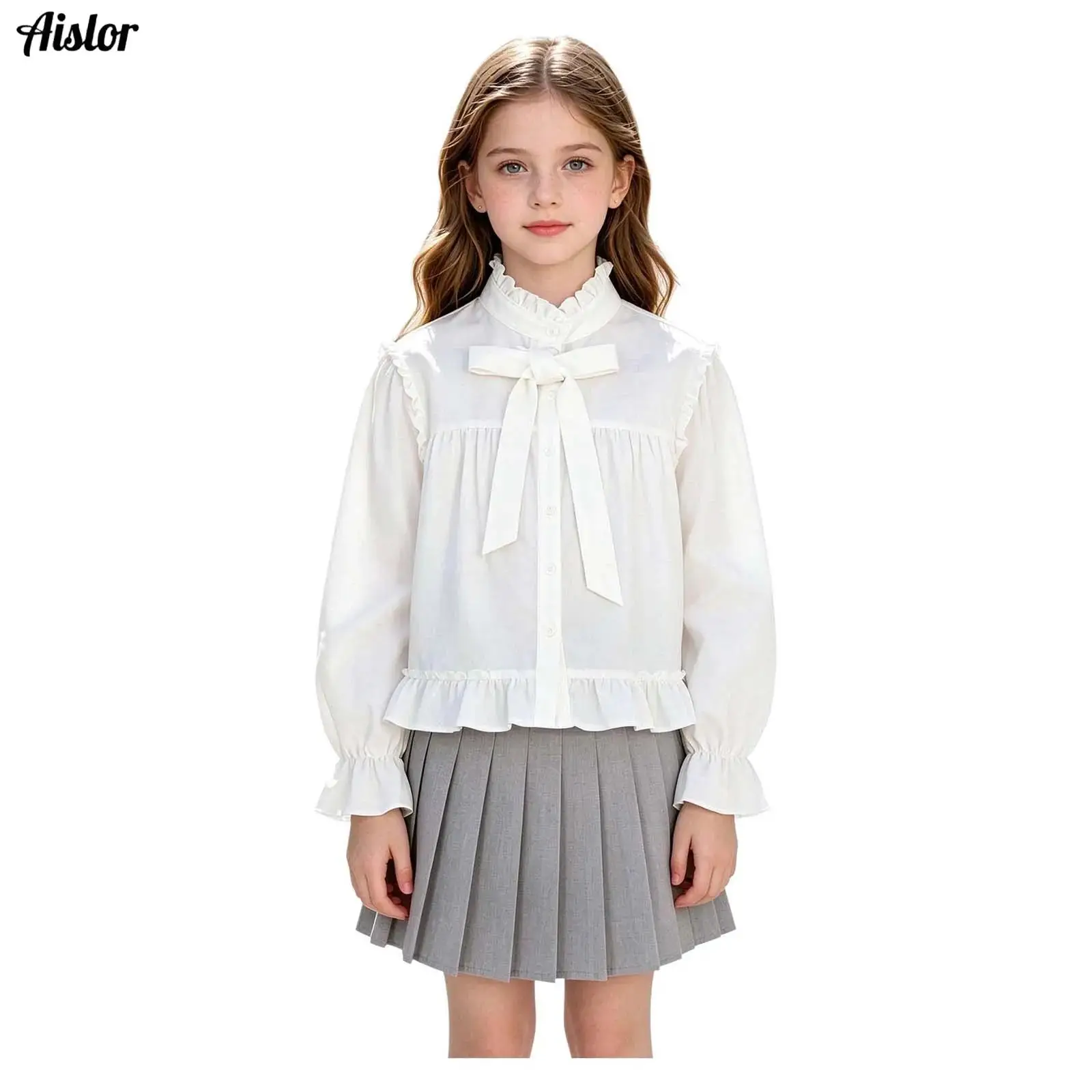 Kids Girls Ruffles Blouse Shirt Korean Stand-collar Bow-tie Long-sleeve Button Top for School Stage Show Casual School Clothes