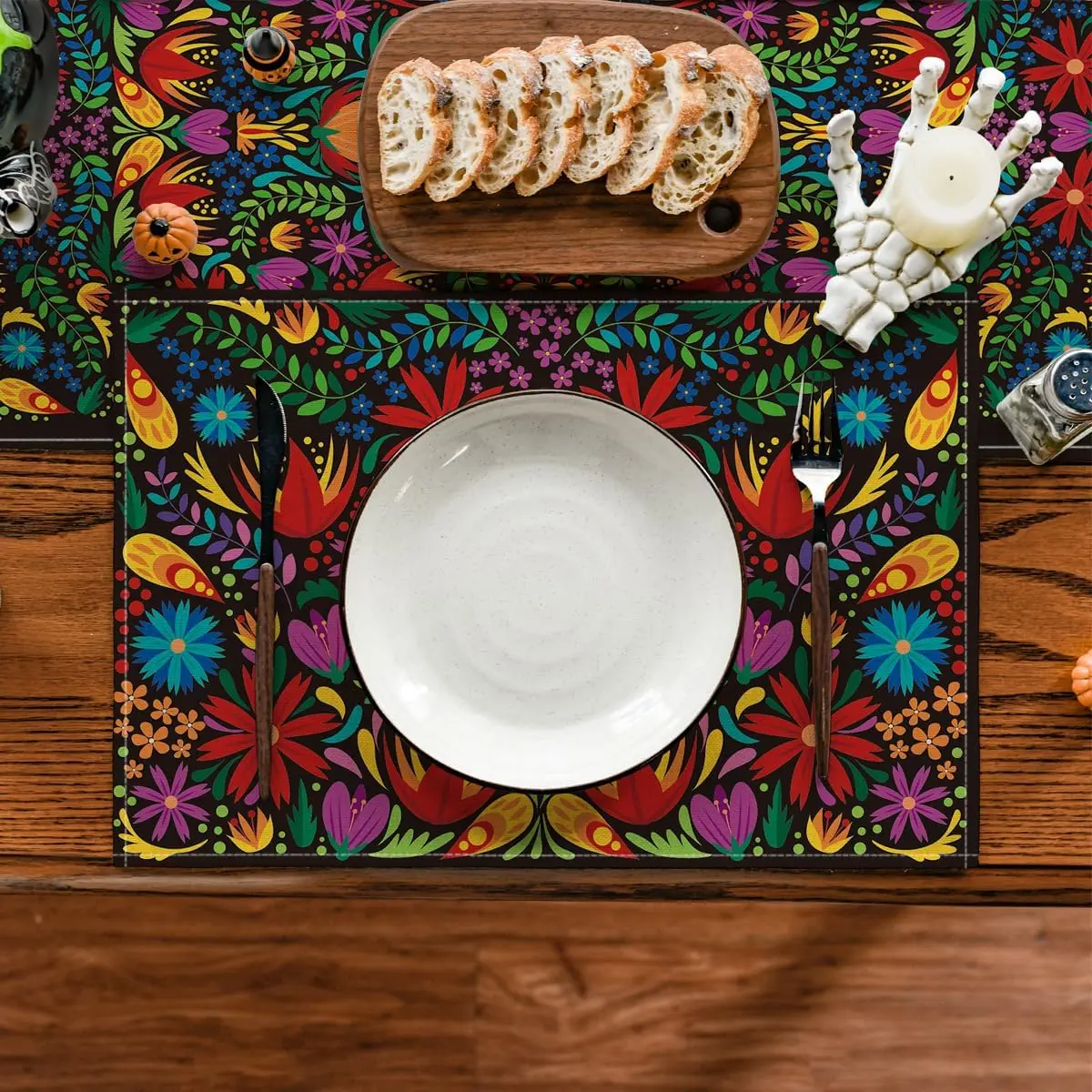 Mexican Cinco De Mayo Placemats For Dining Table, 12 X 18 Inch Floral Fiesta Dia De Los Muertos Decoration Washable