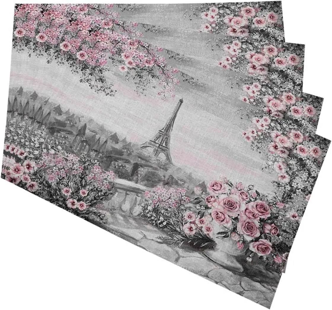 Eiffel Tower Placemats Painting City Flower Place Mats for Kitchen Table Mats Set of 4 12x18 Inch Washable Kitchen Decor Stocked