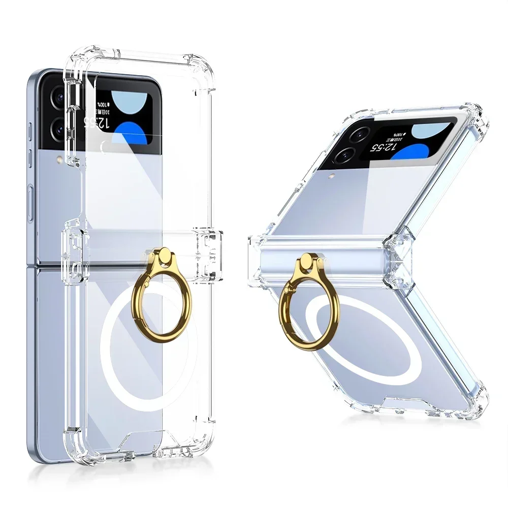 Transparent Ring Holder Folding Hinge For Samsung Galaxy Z Flip 5 4 3 Magsafe Magnetic Wireless Charging Case Shockproof Cover