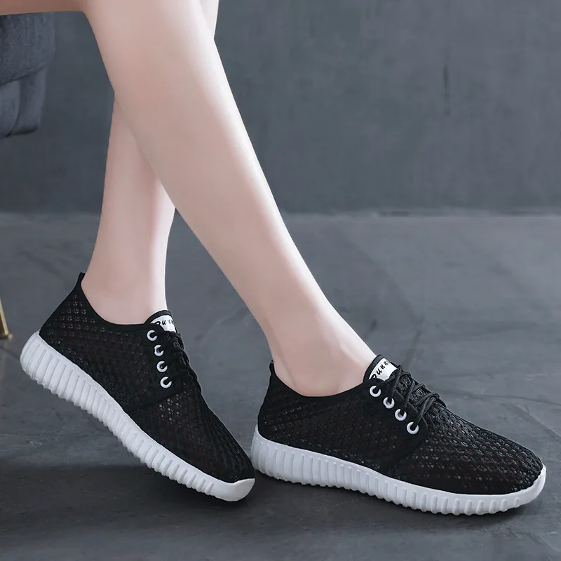 Womens Shoes Hollow Out Breathable Lace Up Flats Breathable Mesh Lightweight Shoes Casual All-match Sneakers Zapatos De Mujer