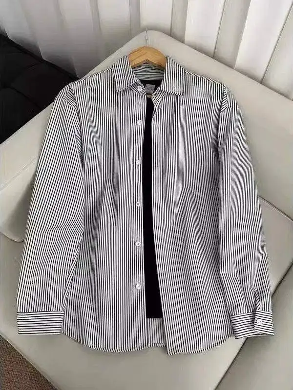 

Мужская длинная рубашка в полоску, весенняя, брендовая, класса люкс, с отложным воротником, стильная, для пар, верхняя одежда