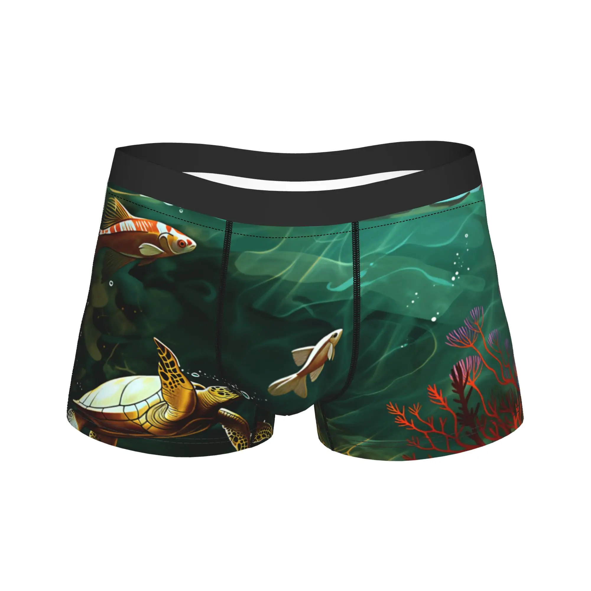 Golden Sea Turtle Red Coral Underwater Ocean Art Underwear  Funny Panties Pattern Boxer Brief For Man 3D Pouch Plus Size Trunk
